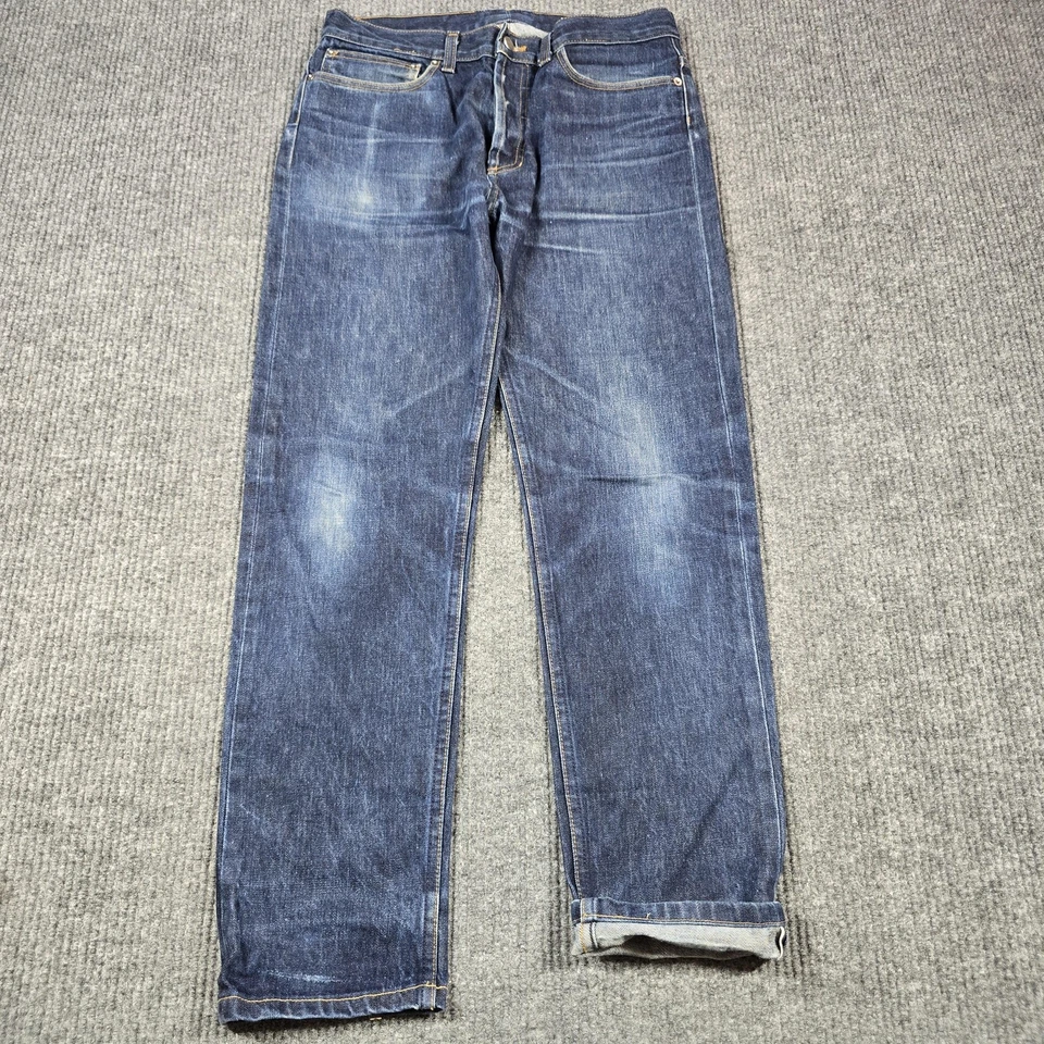 Pantalones de mezclilla American Apparel para hombre 32 ribete azul botón mosca hechos en EE. UU. índigo Foto 2 de 4