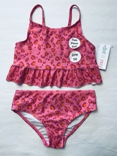 NWT Dot & Zazz Girl Swim XS 4/5 Top & 6/7 Bottom 2pc Bikini Pink Cheetah UPF50