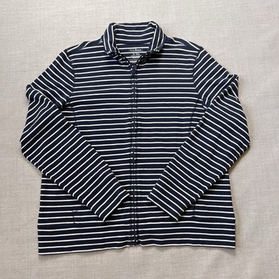 L.L. Bean Nautical Striped Navy Blue White, Mock Neck, SOFT, Full Zip, XL