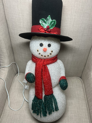 Vintage Christmas Melted Plastic Popcorn Snowman Felt Hat Scarf