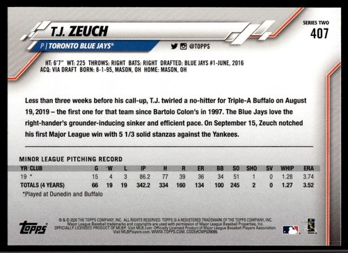 2020 Topps T.J. Zeuch Rookie Toronto Blue Jays #407 - Picture 2 of 2