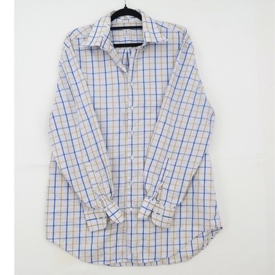 Peter Millar Mens Blue Tan Windowpane Check Cotton Button Down Shirt Large
