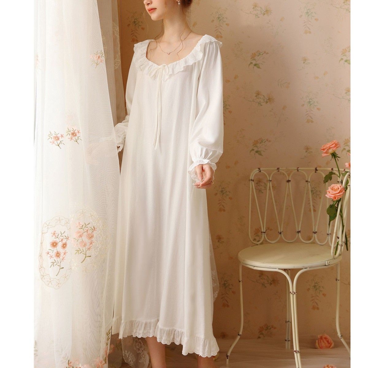 Nightwear Cotton Pj Dress Women's Long Sleeve Cotton Victorian