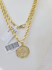 10k Gold Mayan Calendar Pendant Rope Chain 3mm 22'' Necklace Set Real Yellow