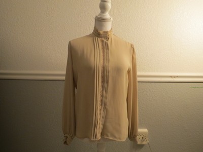 Vintage Anne French Secretary Blouse Beige Hidden Buttons Sheer Modest Size 10