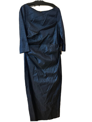 TERI JON Three-Quarter Sleeve Stretch Metallic Ruched Gown Sapphire Blue Size 18