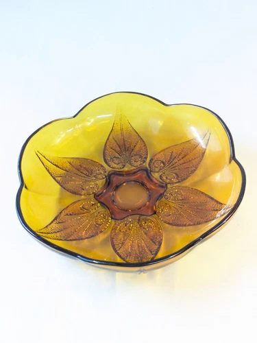 Vintage Anchor Hocking Renaissance Gold Amber Beaded Lead Glass Bowl Dish