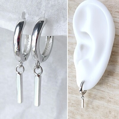 Dangle Bar Huggie Hoops echt 925 Silber zierlich minimalistisch Huggies winziges Rechteck