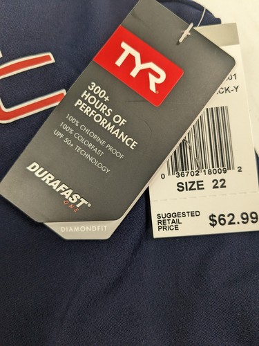 TYR Girl's Navy AESC Diamond Fit Durafast One Piece Swimsuit Size 22 NWT - Picture 2 of 5