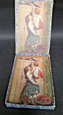 Ancien Puzzle Patience Jeu Coffret Bois – Époque 1900 – Jouet Vintage Collection