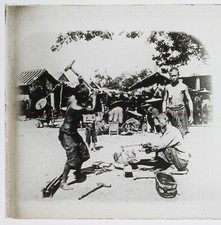 Placa de vidrio estéreo de mercado de escena callejera de Indochina o China Siam ca 1910