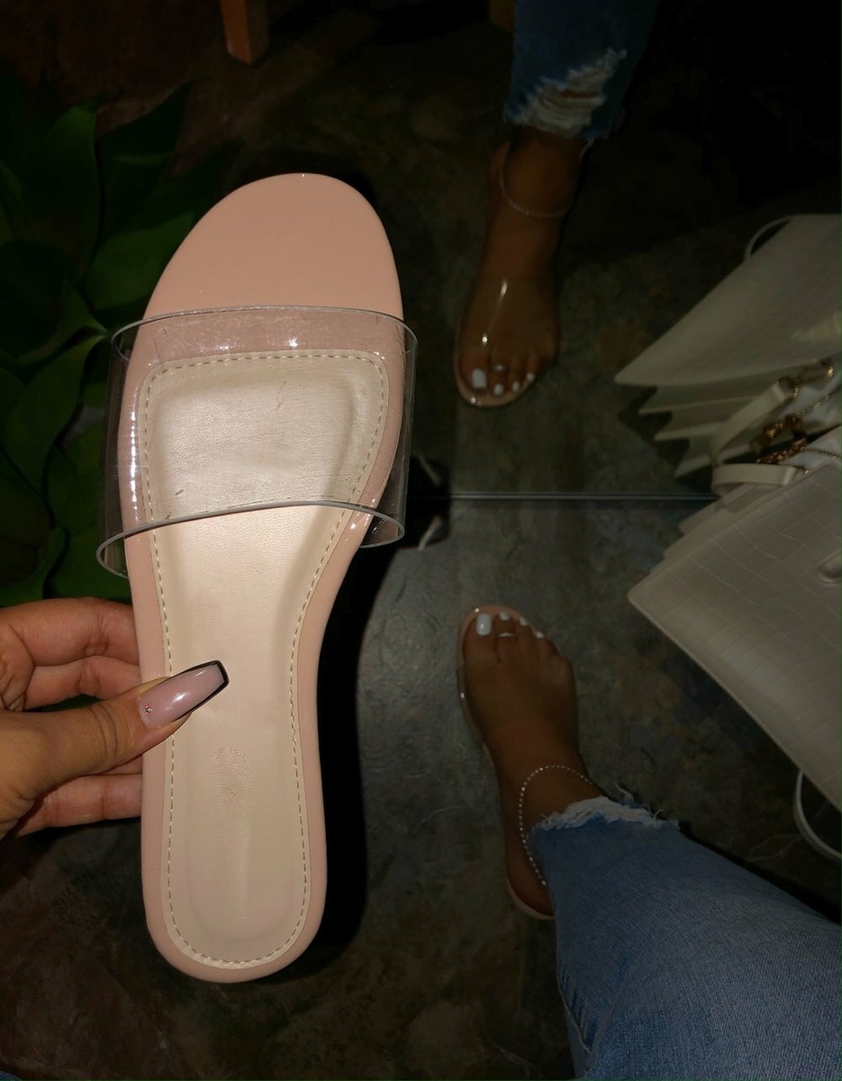 New Women's See Through Transparent Open Toe PVC Slide Flat