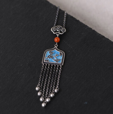 I05 Necklace Silver 925 Flowers on Blue Cloisonne Background Agate Tassels