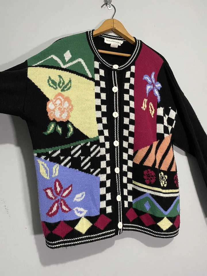 Cárdigan Norton Mcnaughton de Colección Años 90 Suéter Grande Arte Abstracto Gótico a Cuadros Foto 4 de 4