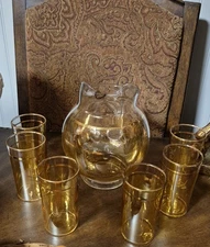 Vintage Luster and Gold Stripe Glass Pitcher Set with 6 Glasses