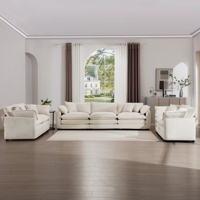 Modern Living Room Sofa Set 2+1 Seater with Comfort Cushions, Beige Corduroy