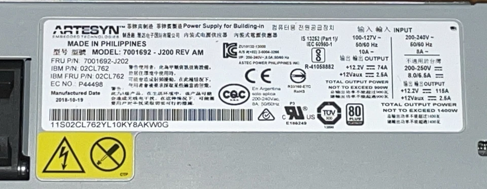 IBM 02CL762 7001692-J202 80+ Platinum 1400W Netzteil Für IBM POWER9 S924 S914 - Bild 3 von 3