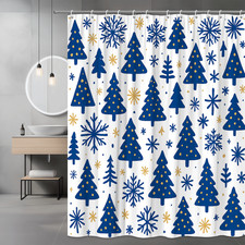 Christmas Shower Curtain with Blue Trees and Snowflakes Design