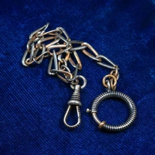 Antique .900 Silver Niello Paper Clip Watch Chain Vermeil Swivel Dog Clip 9.25"