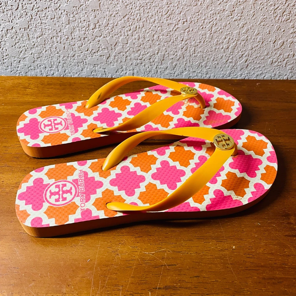Sandalia chanclas Tory Burch para mujer rosa y amarillo geométrica preppy elegante talla 8 Foto 3 de 4