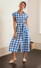 BODEN Cassidy Linen Shirt Dress Women 6 Blue White Check Button Front Midi Tie