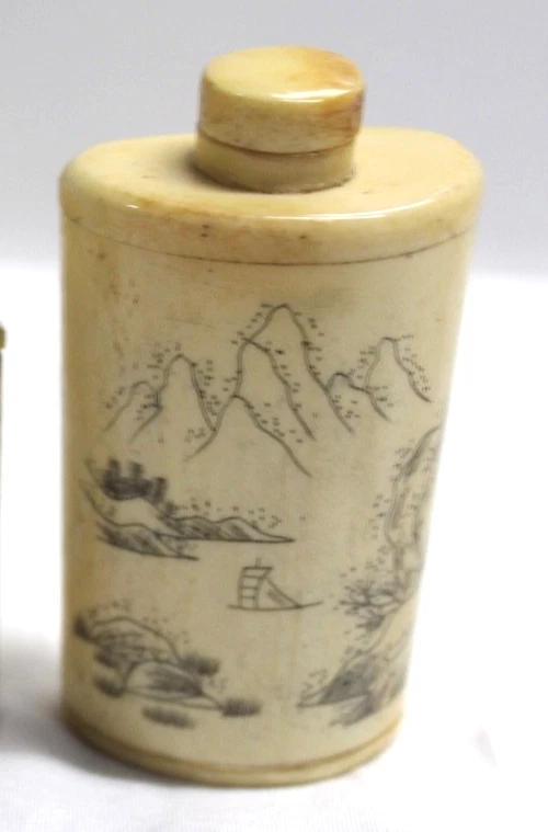 Vintage Etched Glossy Bovine Bone Asian Chinese Outdoor Scene Snuff Bottle w/Box - Image 2 of 4