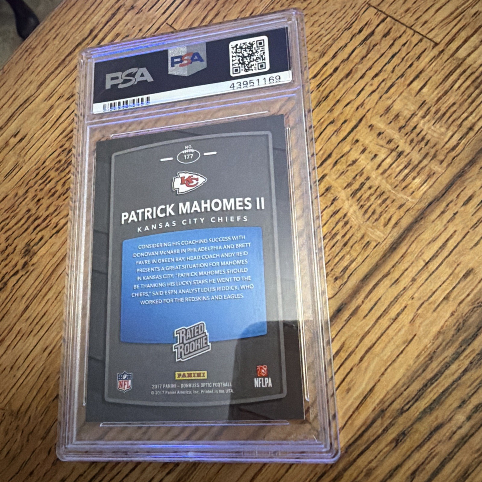 Patrick Mahomes II 2017 Optic Rookie #177 PSA 10 Gem Mt view 2