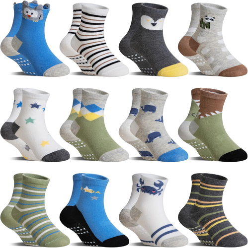 12 Pairs Baby Toddler Anti-Slip Socks Boys Non Skid Cotton Crew Cartoon Grips - Picture 12 of 12