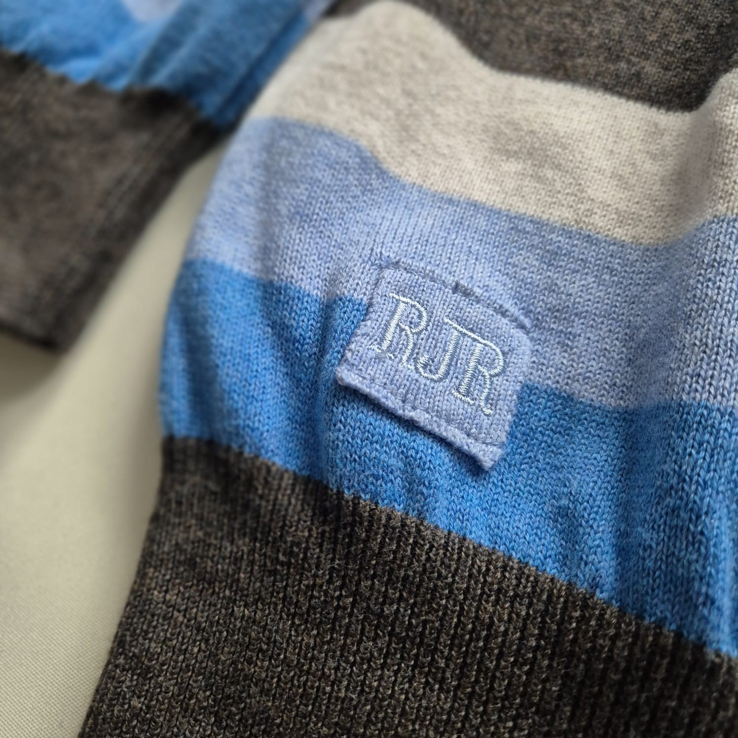 RJR John Rocha Men’s Jumper XL Blue Grey Striped V-Neck 100percent Cotton VGC image 5