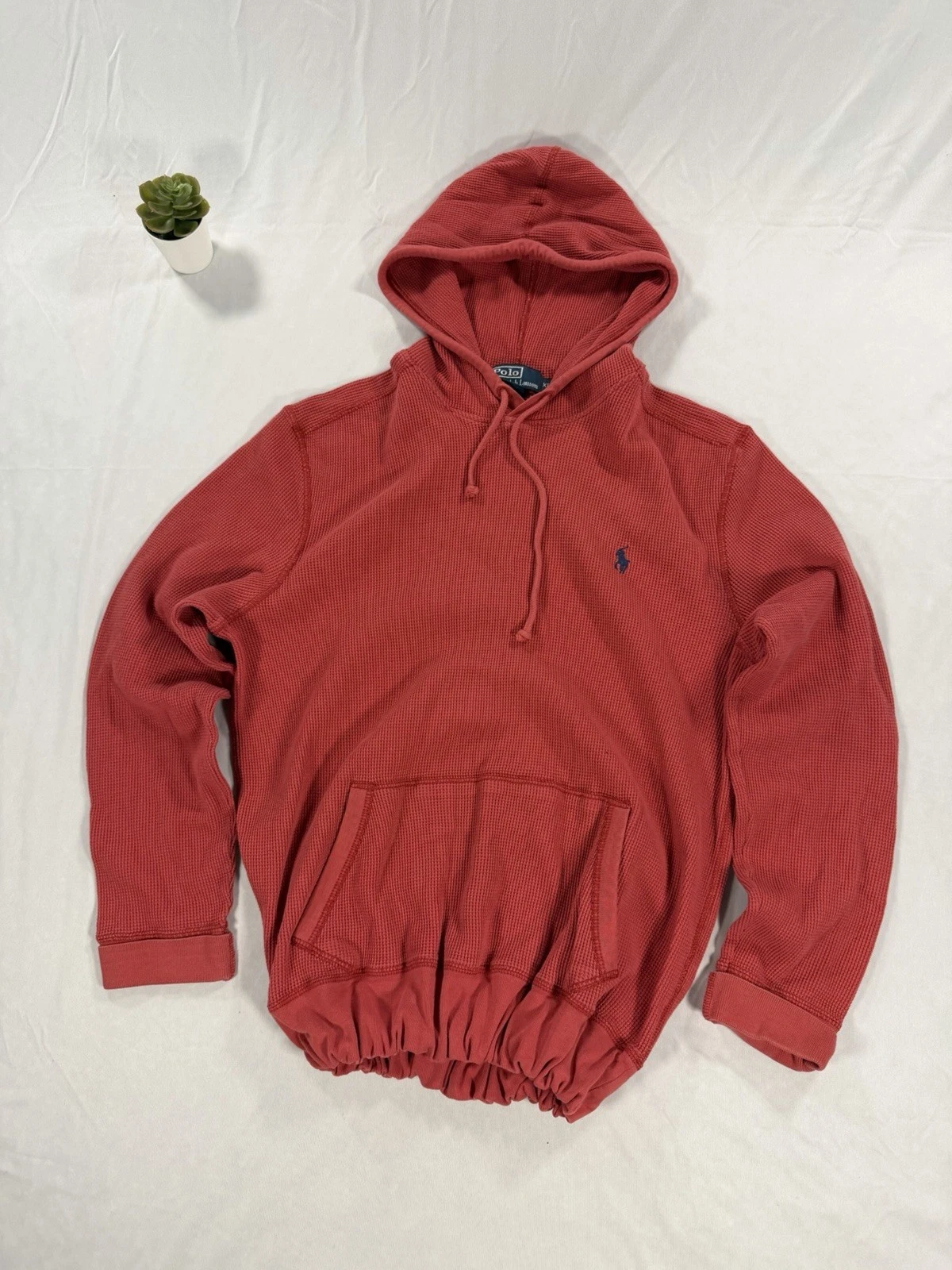 Vintage Polo Ralph Lauren Waffle Knit Red Cinch Hoodie Thermal Pullover Size M
