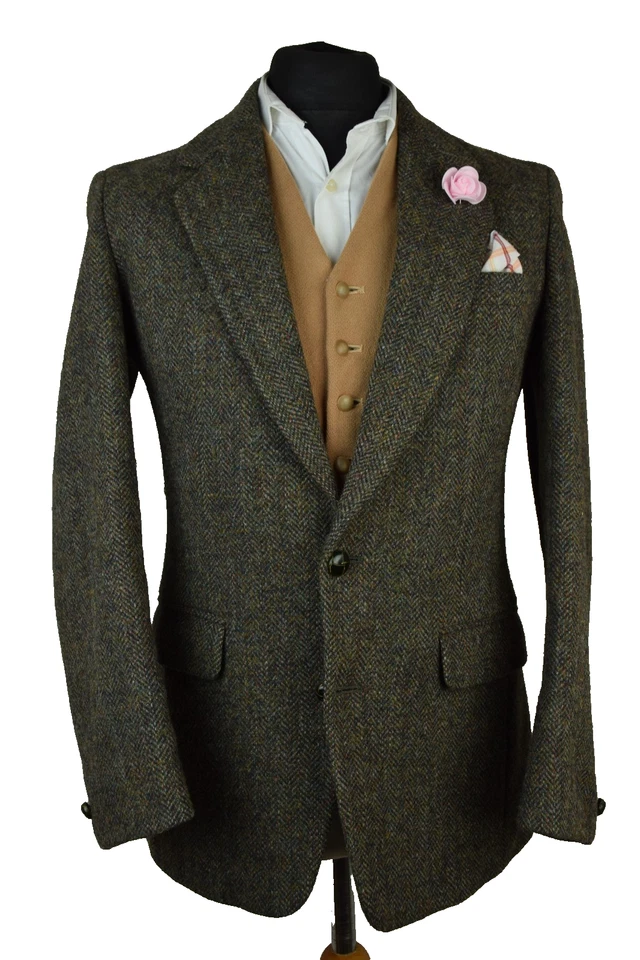 Harris Tweed Tailored Green Brown Herringbone Blazer Jacket 40R #31 PRISTINE - Image 2 of 4