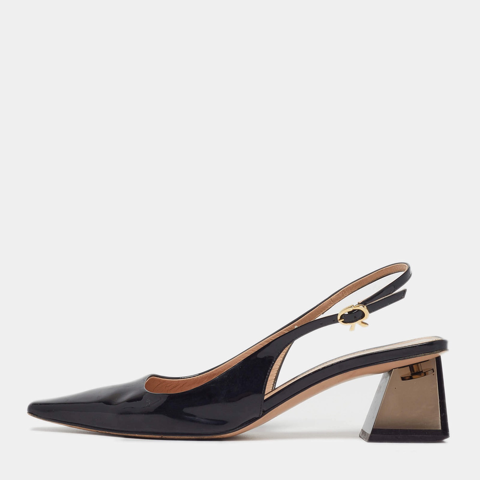 Gianvito Rossi Size 38 Black Patent Leather Slingback Block Heel Pumps