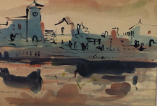 Original Watercolour, 'Coastal town', circa 1970's, unknown artist