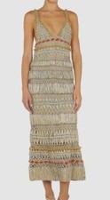 $2550 Alberta Ferretti Women's Beige Silk Blend Woven Beaded Midi Dress Size 0