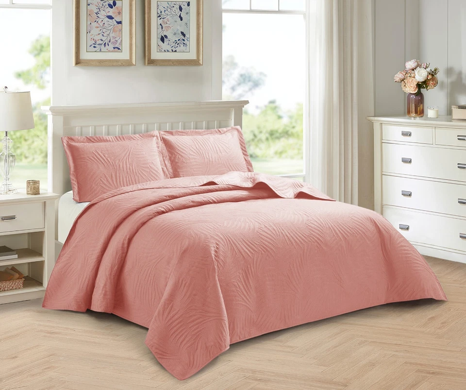 Bedspread 3 Piece Emboss Quilted Comforter Bedding Set Bed Throw Reversible King - Image 2 of 4