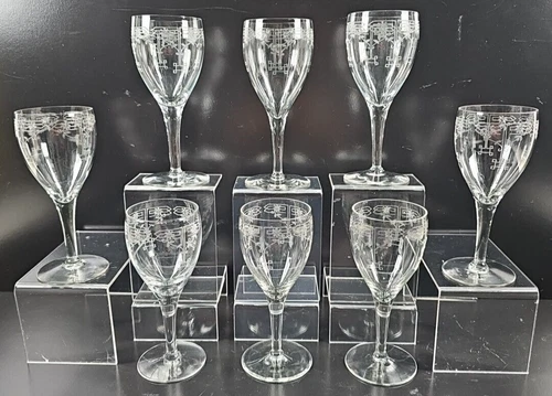 (8) Fostoria Floral Etch Wine Glasses Set Depression Elegant Clear Stemware Lot