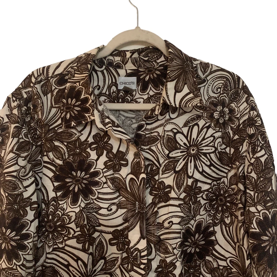 Chicos Top XL 多色花卉纽扣衬衫亚麻艺术穿 Lagenlook — 第 2/4 张图片