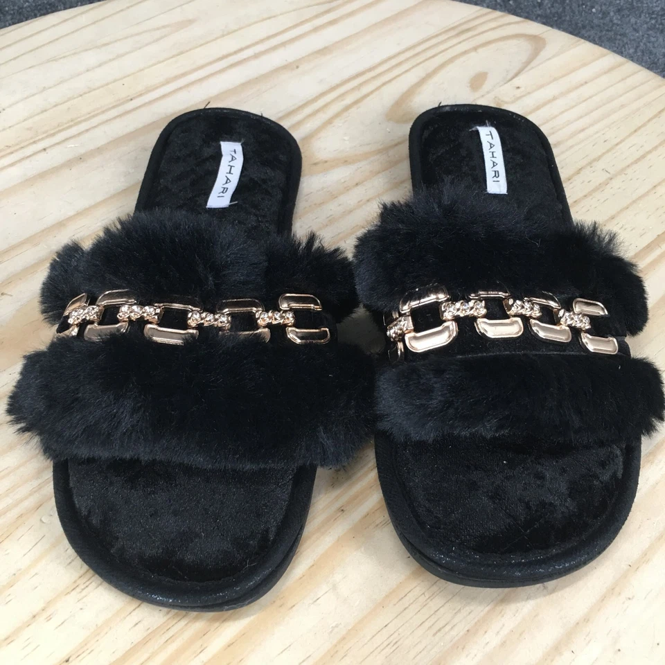 Tahari Sandals Womens 9 Slip On Slides Black Faux Fur Casual Open Metal NEW - Image 4 of 4