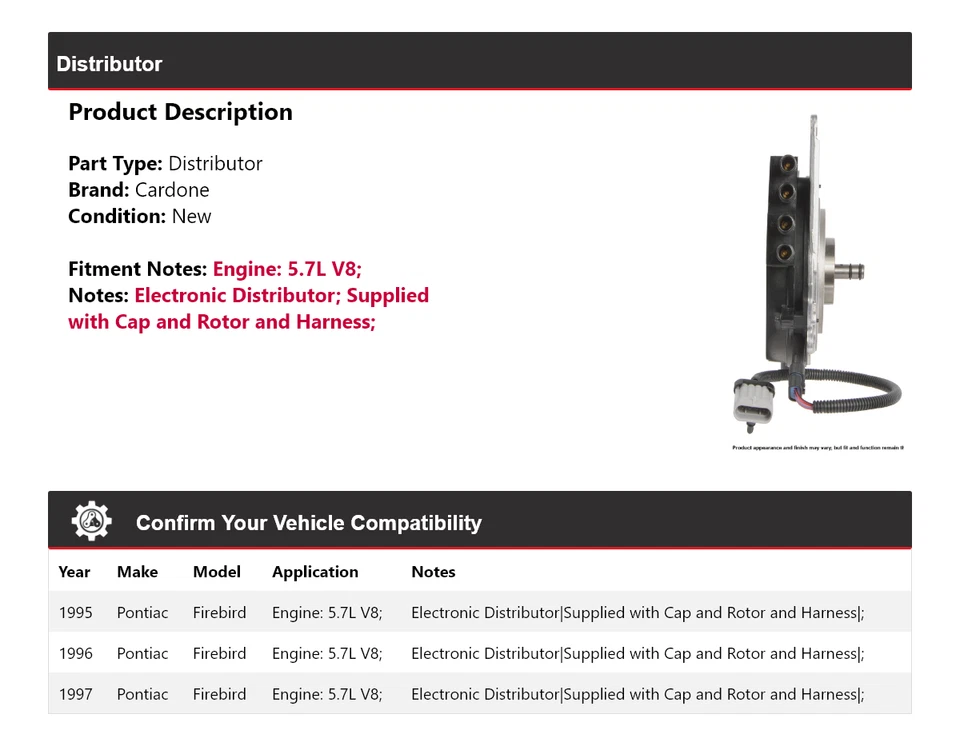Pontiac Firebird 1995-1997 5,7 L V8 distribuidor Cardone 1996 Foto 2 de 4