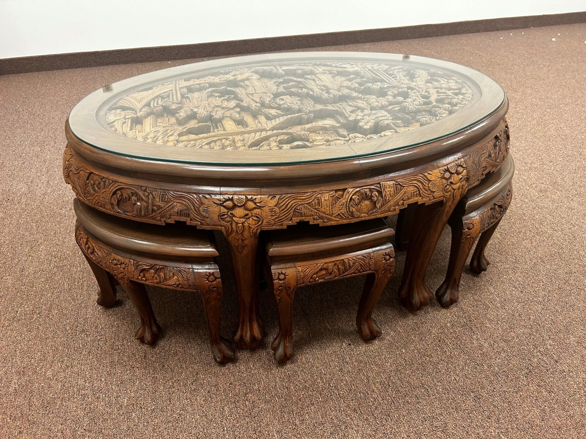 Beautiful Antique Oriental Carved Tea Table with 6 stools | eBay