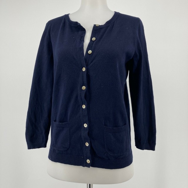 Talbots Sweater Navy Blue Cardigan Button Up 3/4 Sleeve Cotton Size