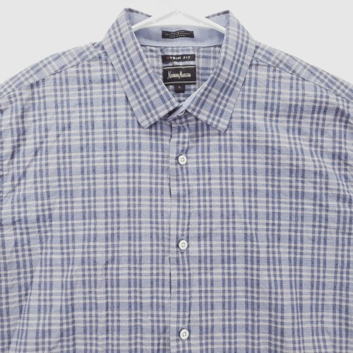 Neiman Marcus Shirt Mens L Blue White Check Xtrim Fit Stretch Classic Button-Up - Picture 3 of 10