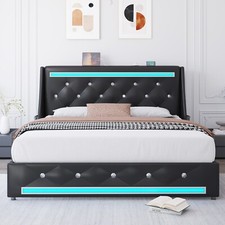 Queen Size Faux Leather Bed Frame with Charging Station and LED Lights