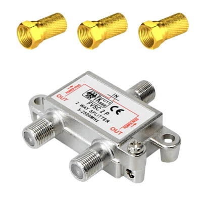 Distribuidor SAT de 2 vías + 3 conectores F para cable de 7 mm Ø dorado TV Splitter Digital