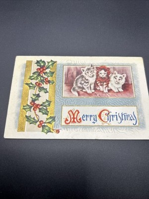 Early 1900's Christmas Postcard Three Kittens Embossed