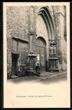 Old postcard Carcassonne, portal of the church of St-Vincent