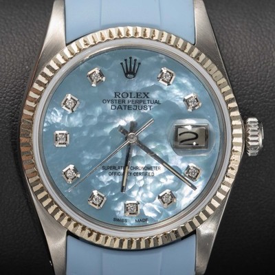 Rolex Datejust 1601 Kannelierte Lünette Gummi Uhr 36mm Blau Mutter Aller Perlen