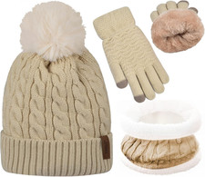3Pcs Winter Women Beanie Hat Scarf and Touch Screen Gloves Sets Girls Classic Kn