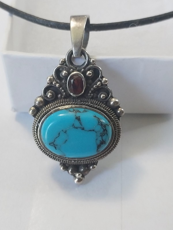 Vintage 925 sterling torqouise/howlite red garnet pendant necklace choker,ATI