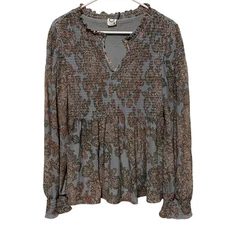 Anthropologie Akemi + Kin Adria Light Blue/ Brown Smocked Cottagecore Blouse